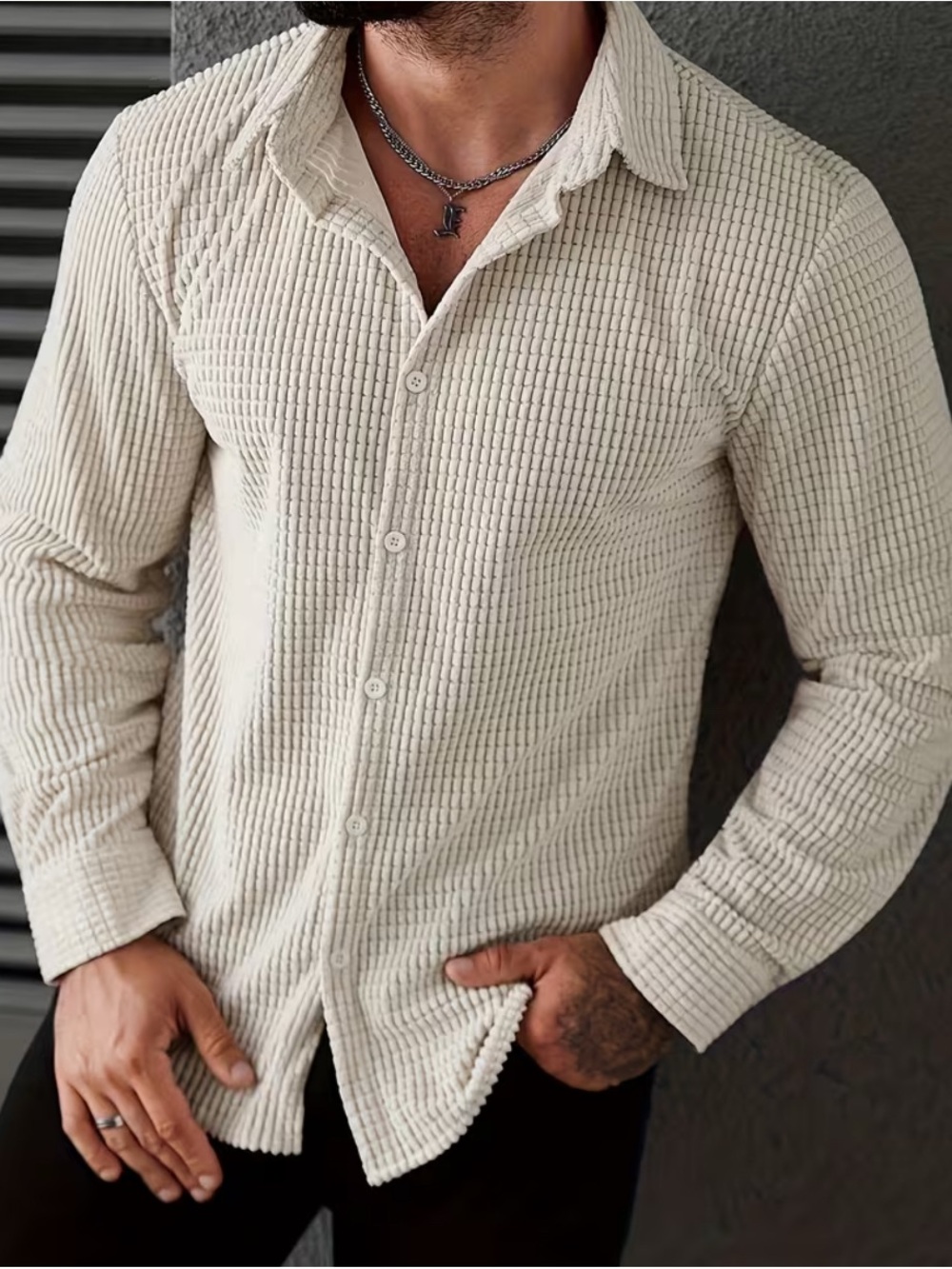 Men's Textured Waffle Button-Up Shirt - Cream